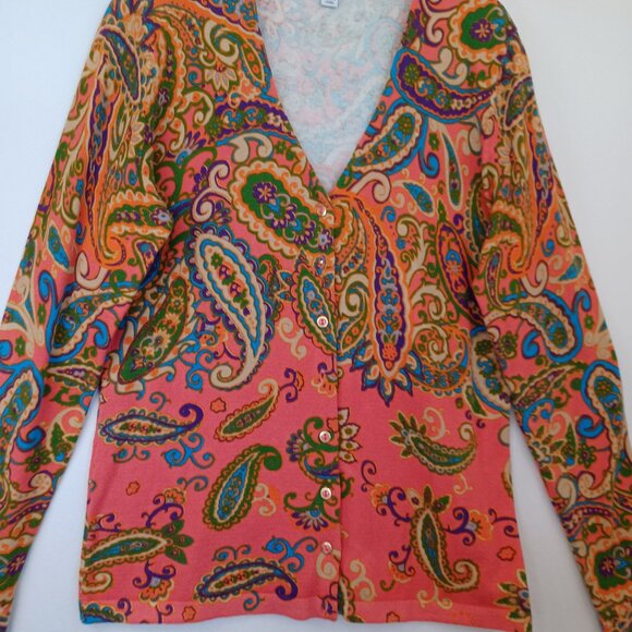 Isaac Mizrahi Live Cardigan Paisley Print V Neck Button Front Sweater Size Small - Picture 5 of 8